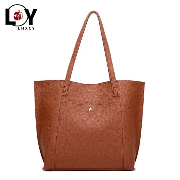 

solid color litchi pattern pu leather tote women handbags high capacity clutch shoulder bag leisure shopping bag