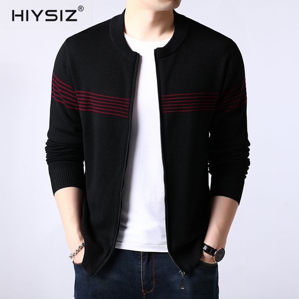 

hiysiz sweatercoat men 2019 brand wool fashion trend long sleeve zipper striped casual streetwear autumn winter coat male sw047, White;black