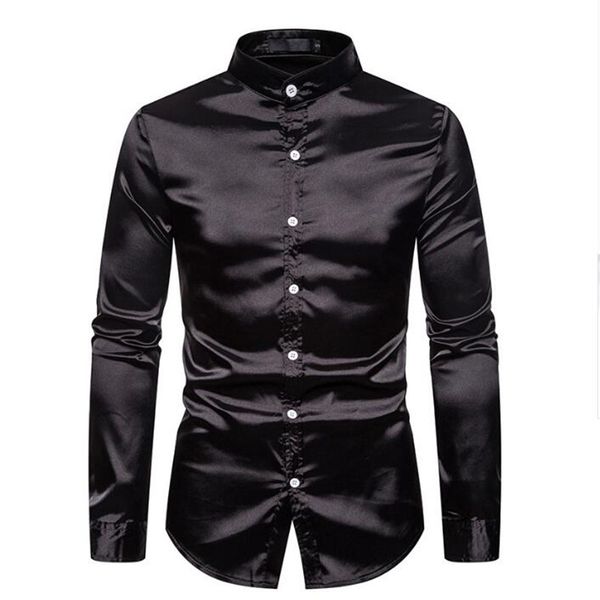 

men's black satin luxury dress shirts 2020 silk smooth men tuxedo shirt slim fit wedding party prom casual shirt chemise homme, White;black