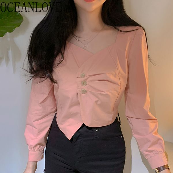 

oceanlove irregular solid blusas mujer button chic korean fashion blouses women button vintage short shirts 16018, White