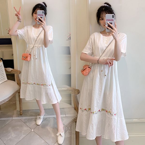 

8960# maternity clothes summer embroidered cotton short sleeve loose stylish dress for pregnant women pregnancy clothes, White