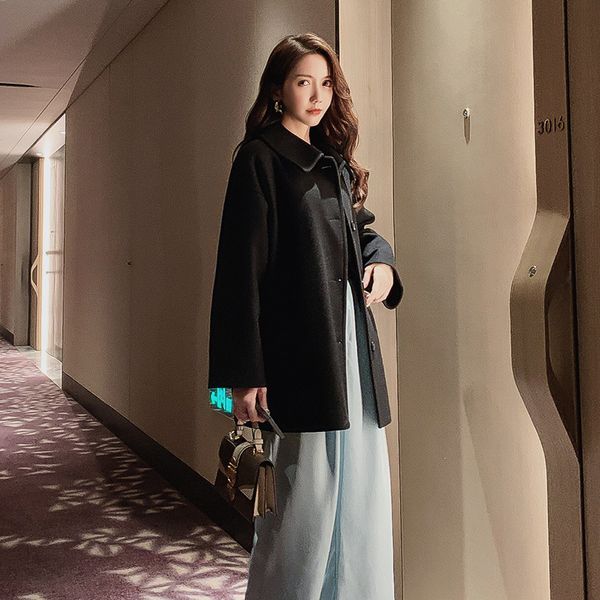 

korean style woman coats winter 2019 fashion clothing plus size single button woolen coat warm clothes womens, Black