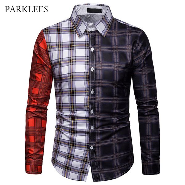

cool hit color plaid shirts for men casual 3d check print long sleeve male button up shirt hipster streetwear chemise homme xxxl, White;black