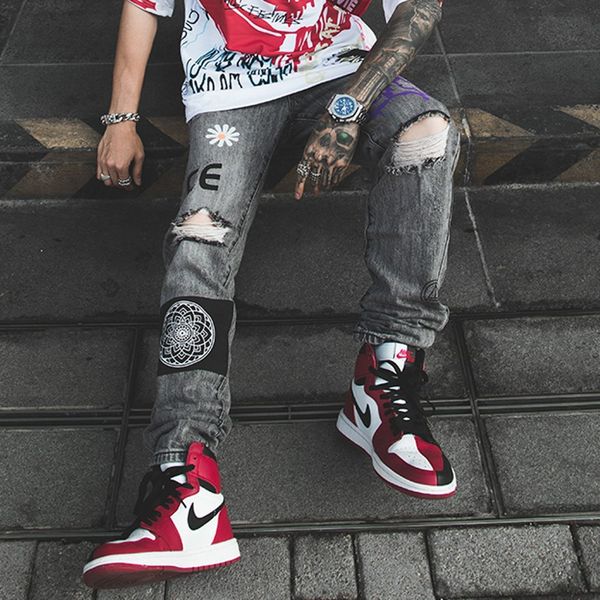 

hip hop men print ripped hole gray stretch straight jeans, Blue