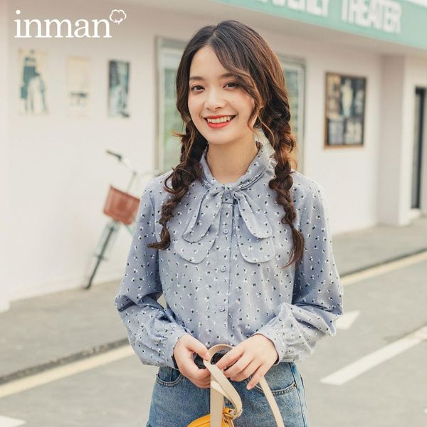 

inman 2020 весна новое прибытие литературный стиль галстук-бабочка шеи однобортный свободный стиль затянуть рукав леди женщины блузка, White