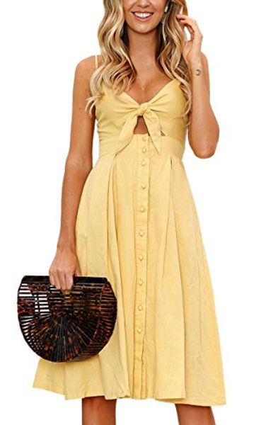

ecowish womens dresses summer tie front v-neck spaghetti strap button down a-line backless swing midi dress, Black;gray