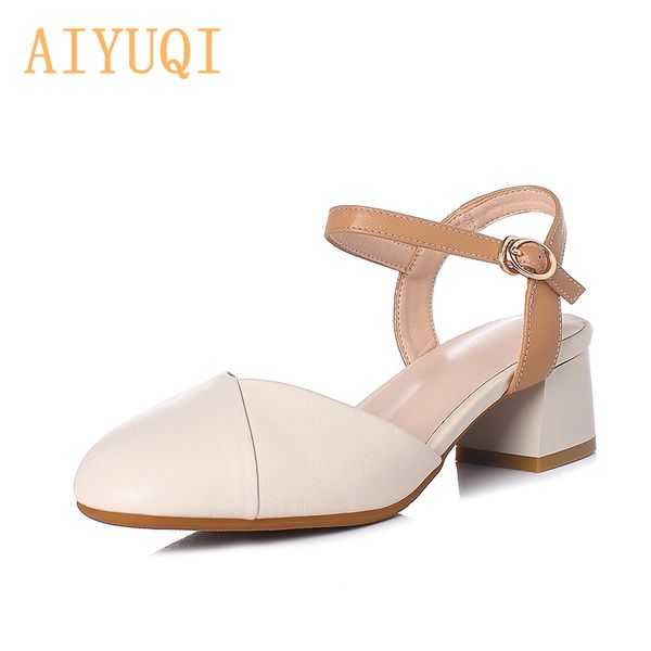 

dress shoes aiyuqi women's summer 2021 genuine leather fashion middle heel hollow banquet ladies, Black