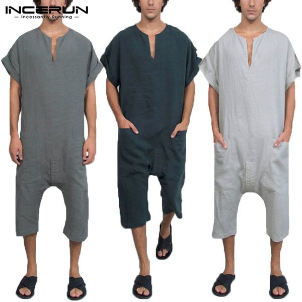 

vintage overalls men jumpsuits rompers plain v neck arab kaftan working pockets trousers muslim islamic male clothes masculina, Black
