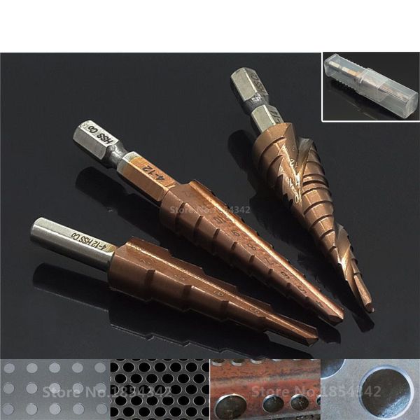 

hss co m35 4-12/3-14/3-12mm spiral groove broca metal step cone drill bit stainless steel hole saw cutter wood power tool 1/4