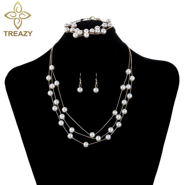 

treazy 3 layers cream simulated pearl jewelry set for women necklace earrings bracelet sets bridal wedding jewelry accessories, Slivery;golden