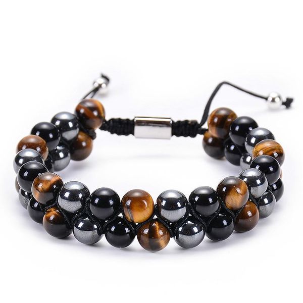 

tiger eye stone bracelet men women healing natural stone hematite black onyx double row bracelet adjustable yoga beads