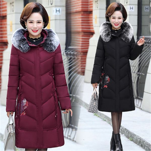 

mother's mid-length cotton coat female 2020 winter fashion new large size fur collar hooded thickening to keep warm cotton coat, Black