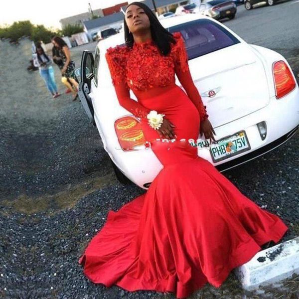 

long sleeve mermaid prom dresses red high neck lace 3d floral applique formal evening party gowns, Black