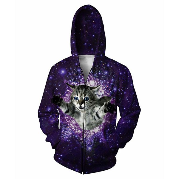 

glitter zip-up hooded kitten 3d print cat galaxy space nebula jumper men zipper outfits hoodies sweatshirts coats, Black