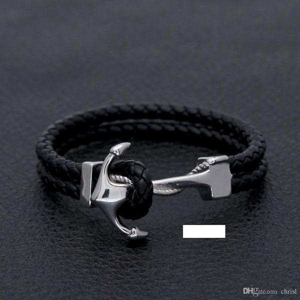 

new 2017 fashion charm leather anchor bracelets popular bangle handmade black leather bracelets hooks men's bracelets, Golden;silver