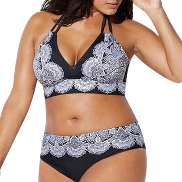 

2019 tow-piece swimsuit for women of large size with printed lace neck bandage underwear ladies tankini swimsuits women 5xl