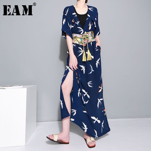 

eam] 2019 new spring summer v-collar short sleeve pattern printed loose long big size shirt women blouse fashion tide ju183, White