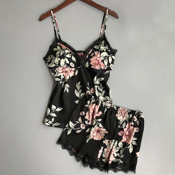 

women print satin lace babydoll lingerie nightwear shorts pajamas set