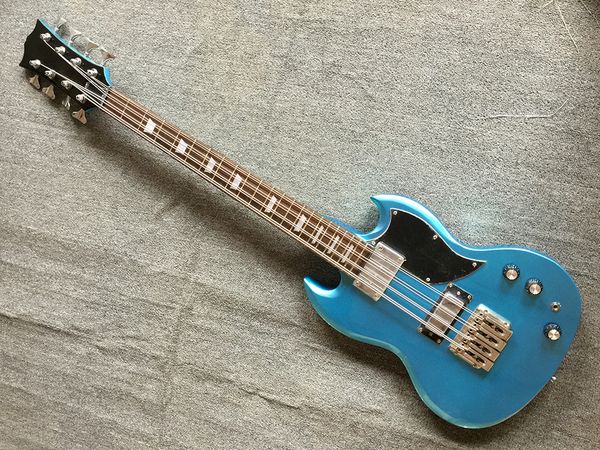 

factory metal blue 8 strings electric bass guitar with mahogany body,chrome hardwares,white pearl fret inlay,can be customized