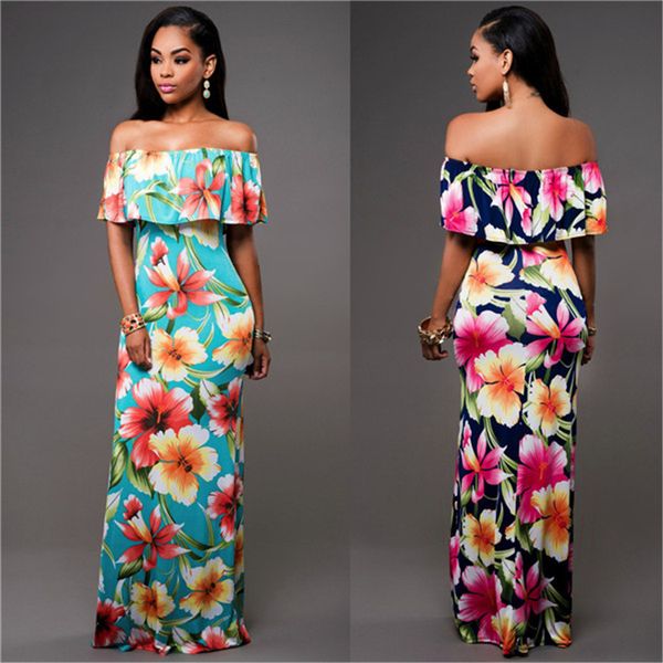 

дешевые летние платья макси с цветочным принтом женские длинные платья 2017 пляжные платья с открытыми плечами оболочка bodycon длиной до по, Black;gray