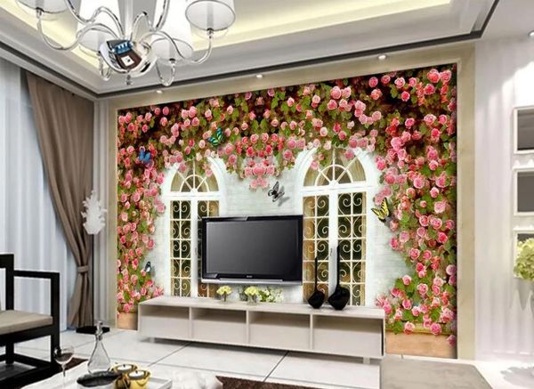 sfondi soggiorno moderno architettura europea fiore rosa farfalla TV sfondo decorazione della parete pittura a olio