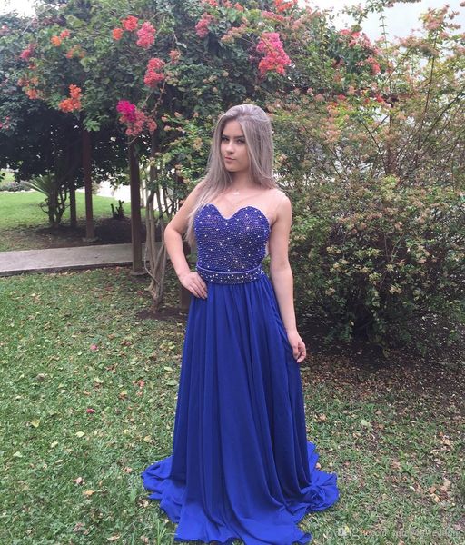 

royal blue a line prom dresses 2019 chiffon sweep train sleeveless beading jewel neck chiffon zipper formal special occasion evening gowns, Black;red