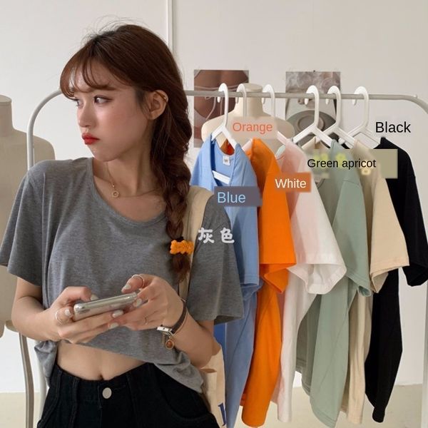 

2020 u-collar basic short-sleeved slim base 2020 women's u-collar basic short-sleeved women's slim base t-shirt t-shirt top, White