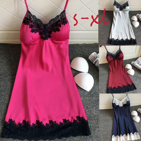 

women's lingerie silk nightgown summer dress lace night dress sleepwear babydoll nightie satin homewear chest pad nightwear, Black;red