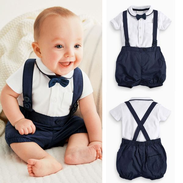 

gentleman boy clothing set toddler kid child baby short sleeve t-shirt bib pants overalls bow tie blue 12-24m 3pcs outfit, Pink;blue