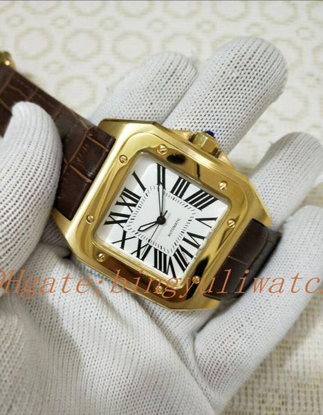 

new factory luxury men 100 xl leather strap watch asia 2813 automatic movement mechanical rose gold case men's sports original clasp, Slivery;brown