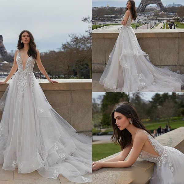 

2020 julie vino beach wedding dresses deep v neck lace boho bridal dress applique backless tiered tulle bohemian wedding gowns, White