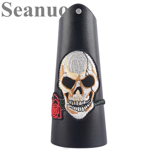

seanuo cool rose flower skeleton skull wrist protect bracelets for men fashion punk rock male leather biker wrap bracelets man, Golden;silver
