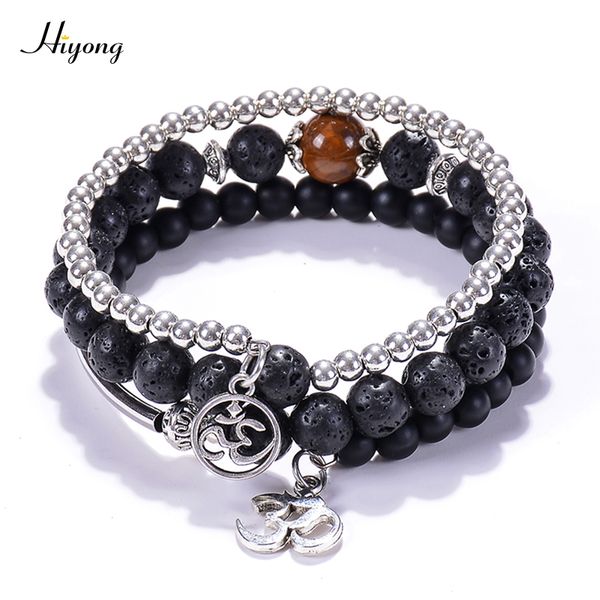 

natural stone yoga beads wrap bracelet bangle,black matte lava rock essential oil diffuser bracelet om for unisex, Golden;silver