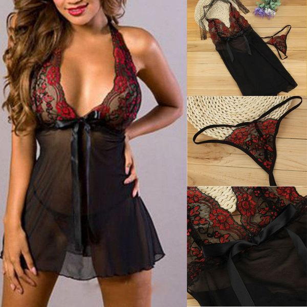

women's sleepwear 2021 seller fashion floral lingerie babydoll underwear lace dress nightwear full slips, Black;red