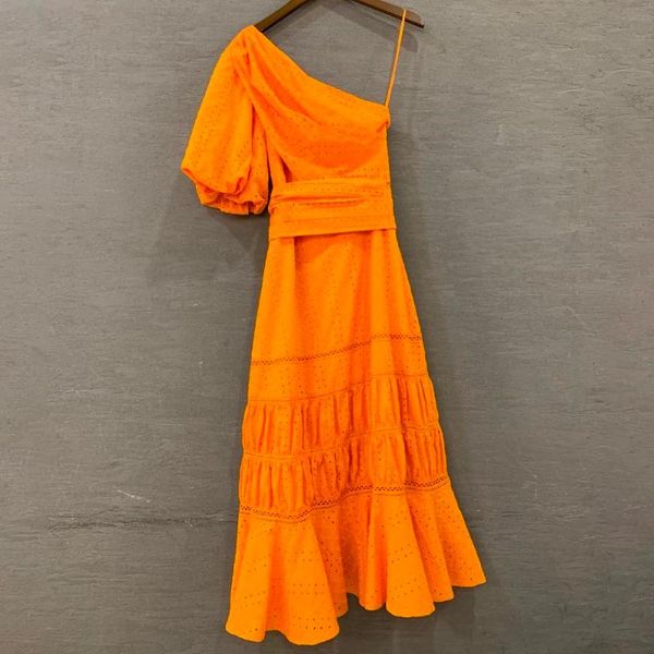 

casual solid women dress one shoulder puff sleeve high waist sashes hollow out midi dresses female fashion summer, Black;gray