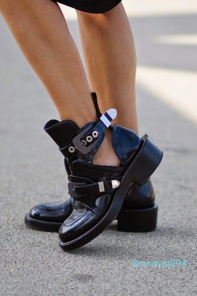 

black women shoes genuine leather ankle motorcycle boots riding gladiator bootie flats cutout square heel buckle boot mujer sapatos