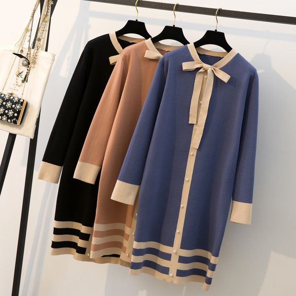 

4xl plus size sweater dress women patchwork bow lace up oversize pullovers pearl beading knitted 2019 winter vestidos, Black;gray