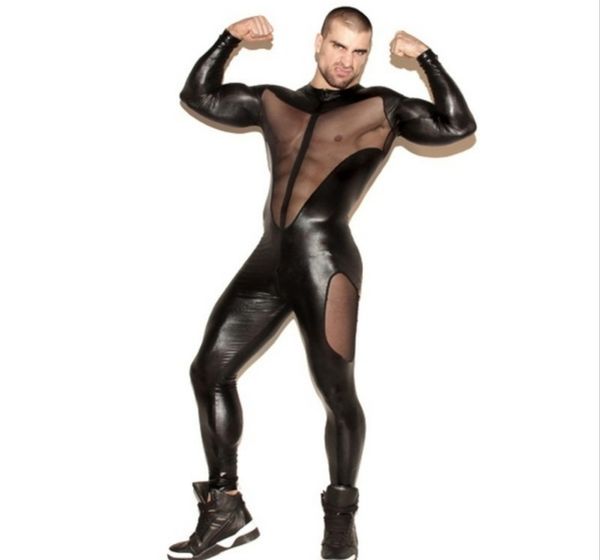 Mann Patent Leder Mesh Nähte Overall Schwarz Sexy Durchbrochene Perspektive Body Fitness Fetisch Männlichen Anzug