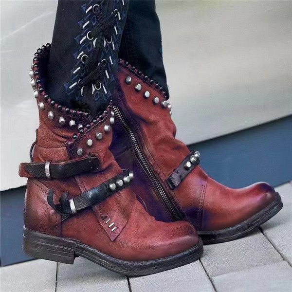 

2019 women boots autumn winter shoes woman mid-calf round toe women shoes low heel rivet cool motorcycle rivet boots, Black