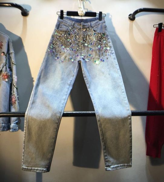 

2020 spring summer new denim trousers woman jeans diamond beads sequin elasticity capri jean pants lady ninth pants femme jeans, Blue