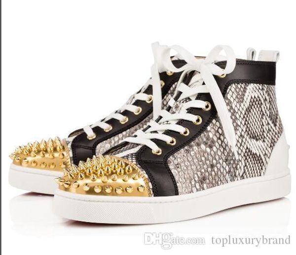 

men and women designer studs sneakers famous brand red bottom designer mens luxury shoes genuine leather,white spiked toe flats, Black