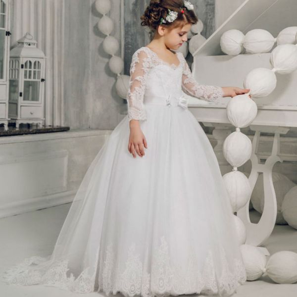 

elegant flower girl dress white lace spplique long sleeve dress fluffy birthday first holy communion dresses, Red;yellow