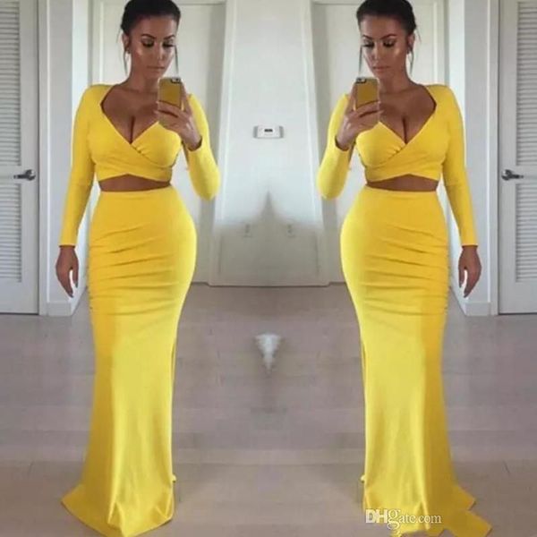 

african black girls yellow prom dresses long sleeve two pieces tight formal evening gowns party dress cheap