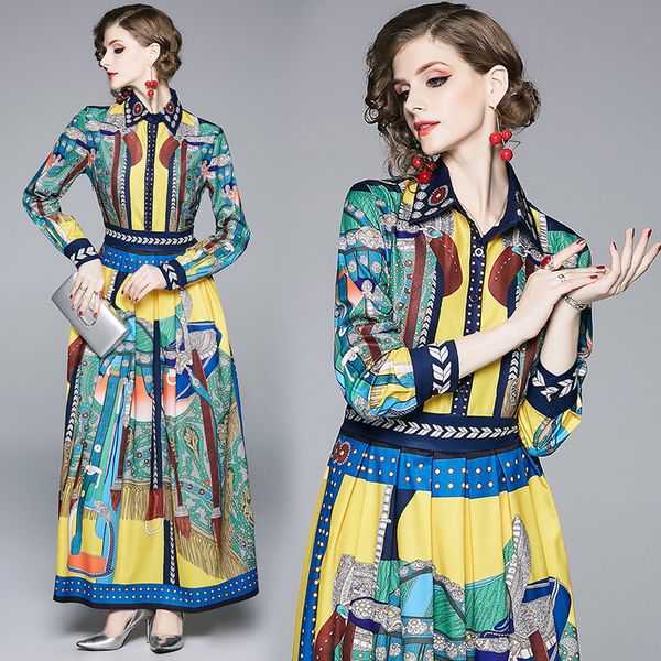 

new style runway women's fashion printed court-style dress elegant button front lapel neck office lady slim party evening maxi dresses, Black;gray