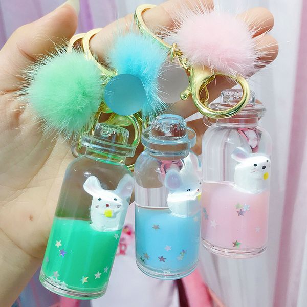 

2019 new cute floating rat fur ball keychain moving quicksand mouse keychains women bag jewelry key ring car pendant gifts, Silver