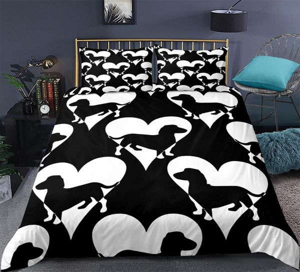 

heart cute dog bedding set dachshund duvet cover set black bedclothes cartoon pet quilt cover bed king home textile kids
