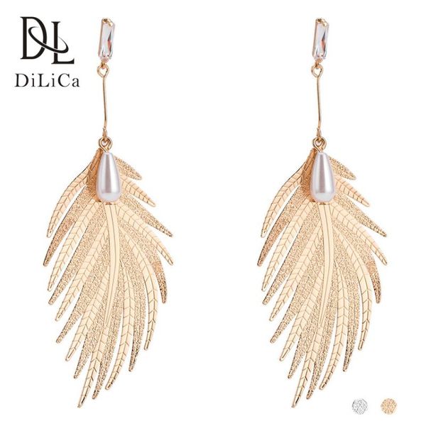 

dilica fashion drop dangle earrings for women alloy leaf statement earrings long imitation pearl earring gold silver color