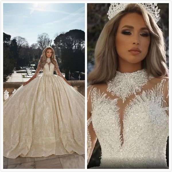 

2020 арабский Aso Ebi роскошные кружева старинные свадебные платья бисером кристаллы свадебные платья с длинными рукавами свадебные платья ZJ254