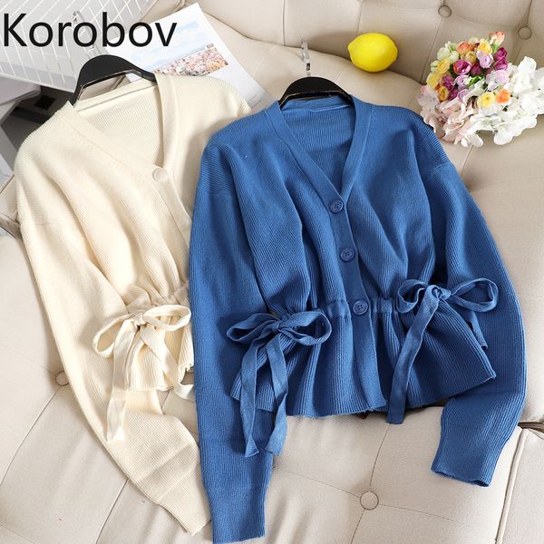 

korobov korean solid drawstring lacing bow women cardigans sweet long sleeve single breasted cardigan v neck ol knit 78863, White