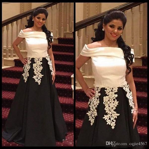 

2020 new saudi arabic black white prom dresses off the shoulder lace appliques evening gowns satin a line formal party dress custom made